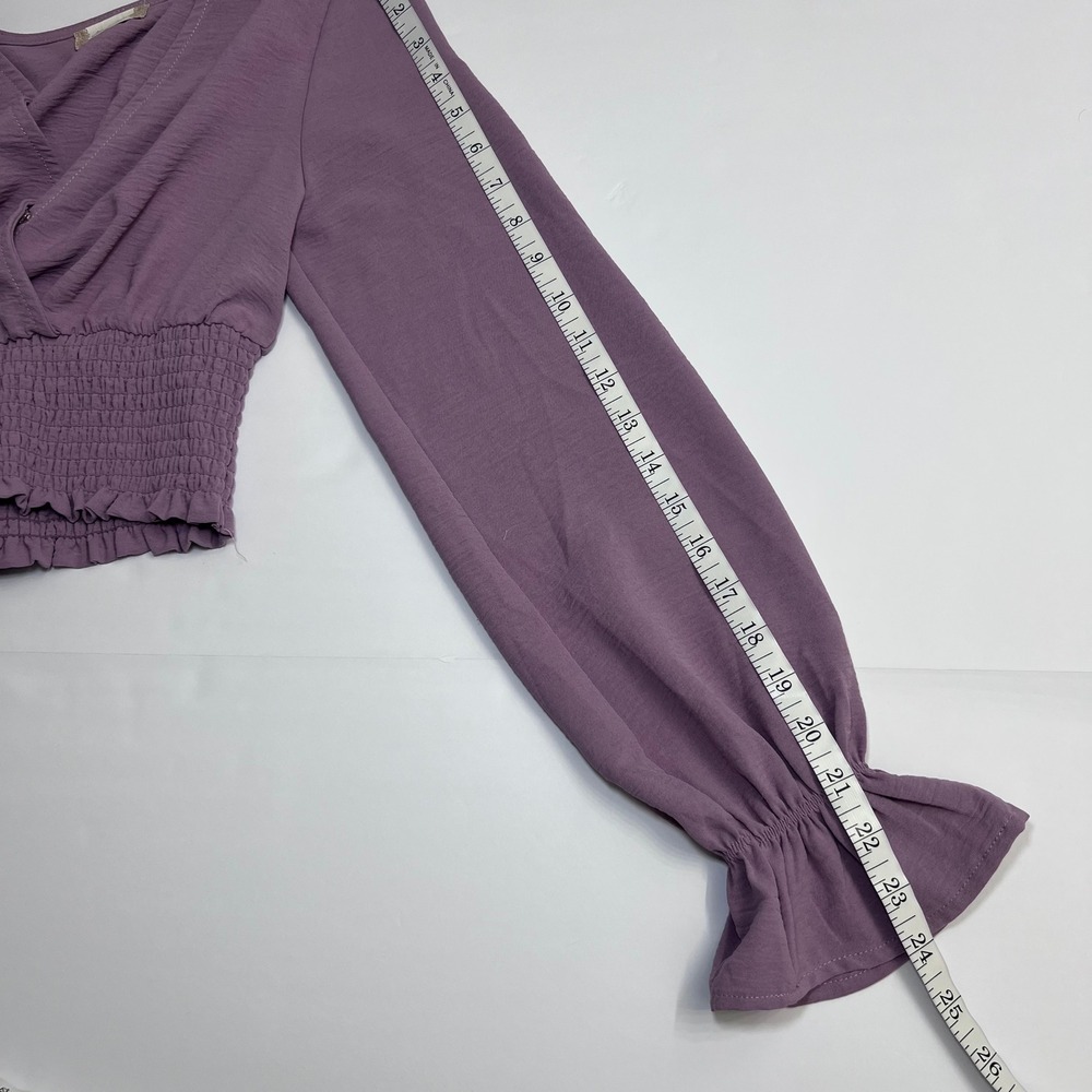 Altar'd State Crop Top Small Purple V Neckline Smocked Waist Ruffle Long Sleeve - Picture 8 of 12